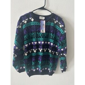 Vintage Sweater Hearts Geometric Multicolor Crew Neck Women's Medium Made In USA